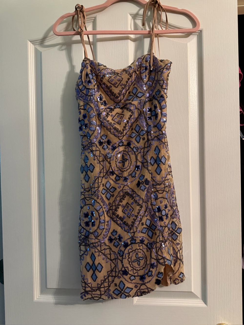 Free People Gorgeous Beaded Spaghetti-Strap Dress in Beige and Blue